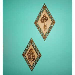 Vintage Syroco Diamond Shaped Lock & Key Wall Hangings gold plaque mcm art deco